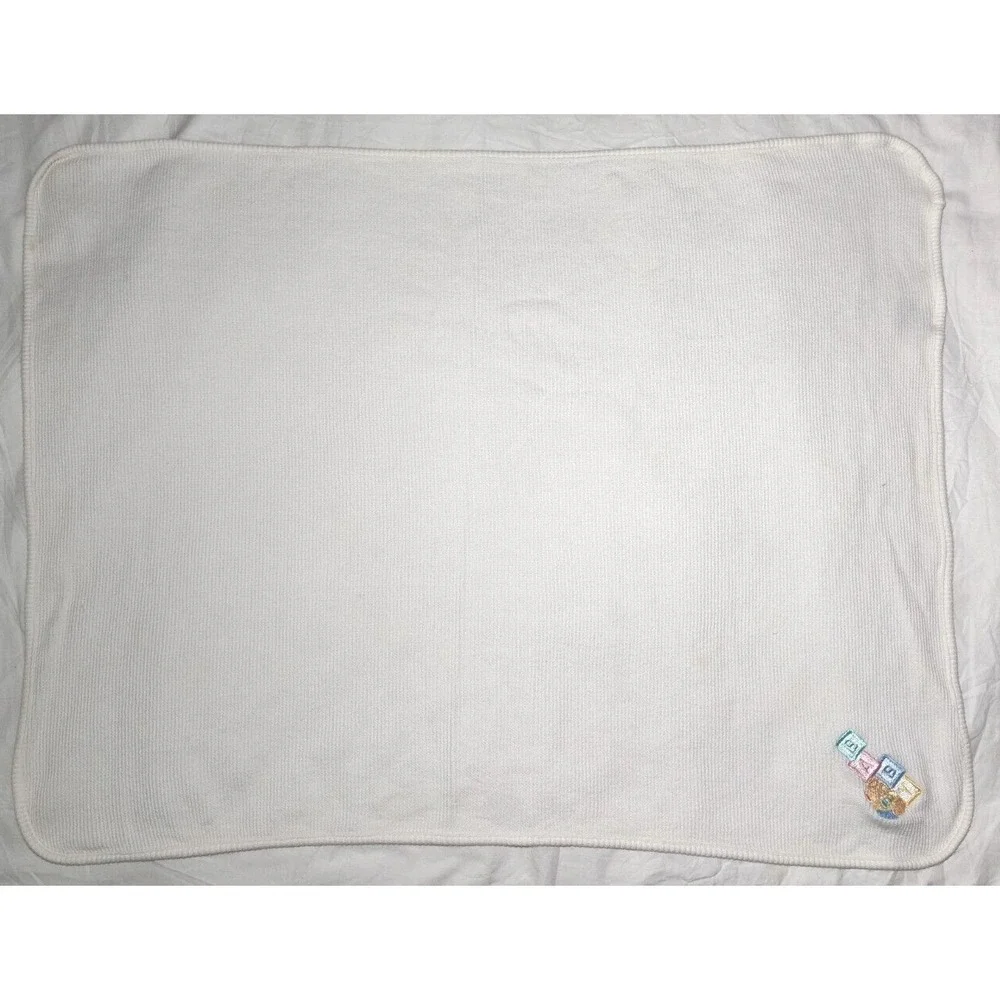 Vtg OWEN White Thermal Baby Blanket Bear Blocks Unisex Lovey 24x31 Embroidered‎